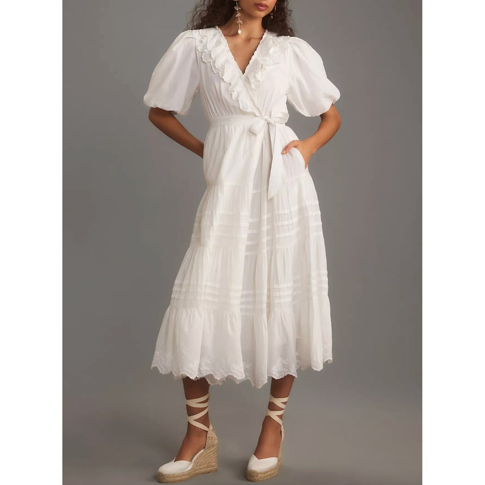 LOVE THE LABEL‎ x ANTHROPOLOGIE Short-Sleeve Ruffled Tiered Wrap Midi Maxi Dress